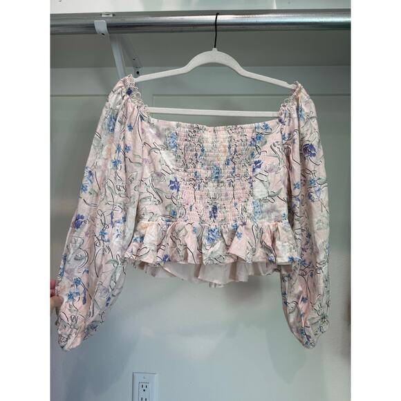 Express Women’s Pink Floral Boho Peasant Ruffle Long Sleeve Crop Top Medium M - Picture 4 of 16